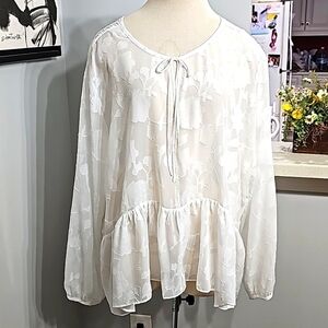 BELLR SKY, WOMEN'S‎ sheer white blouse. Size 2X. Long sleeves ruffle bott…